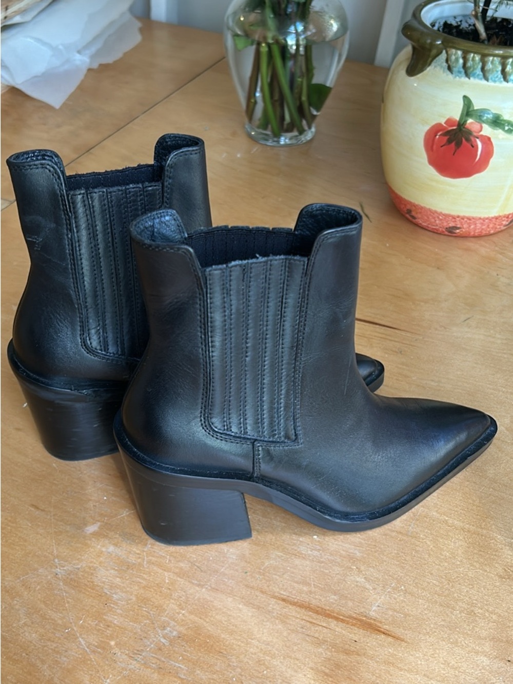 Zara Black Leather Pointed Ankle Boots with Block Heel